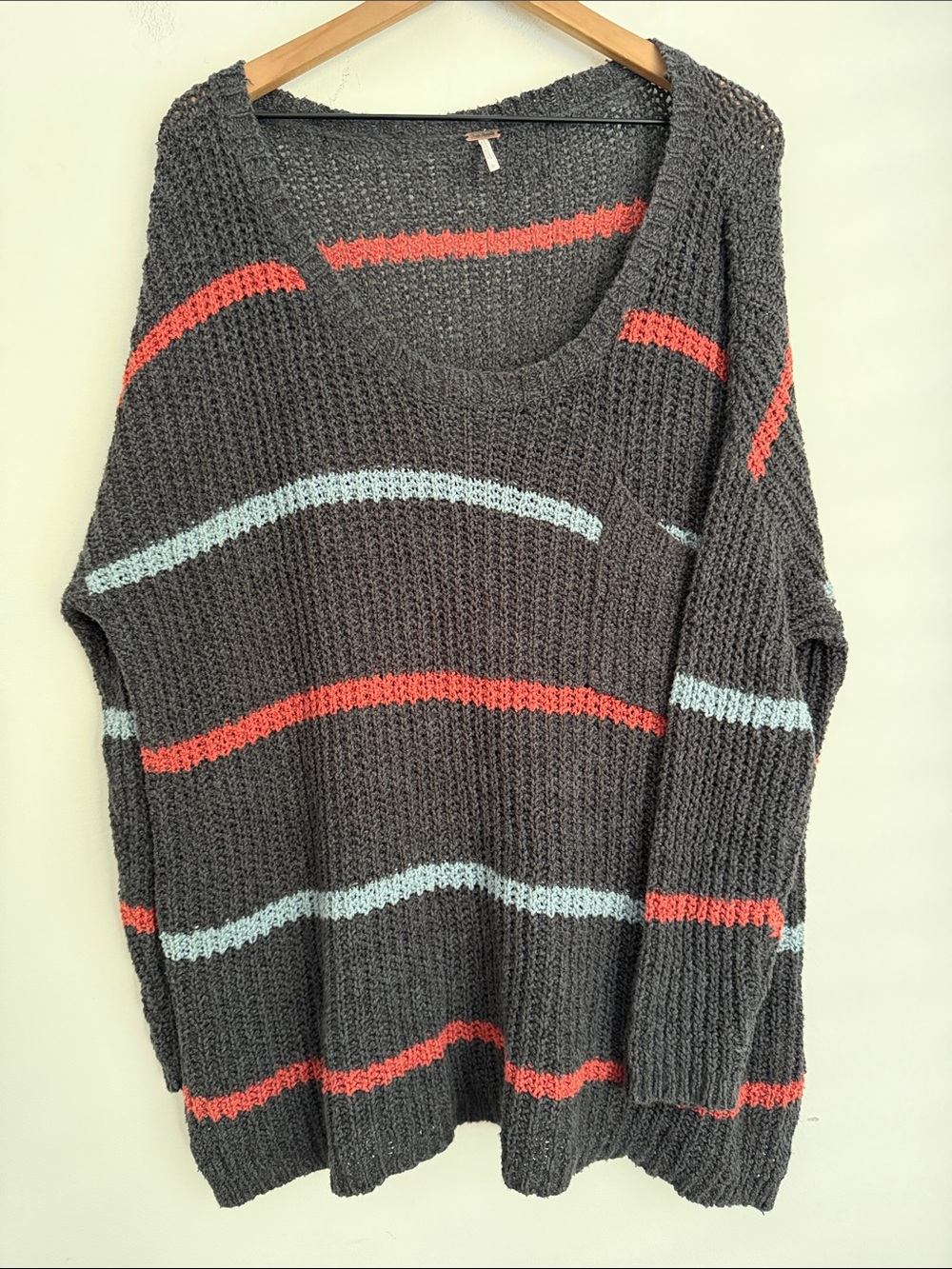 Free People Grey Greenwich Village Sweater stripe multicolor slouchy chunky Sz L